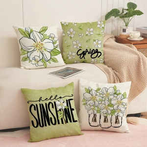 Spring Floral Linen Blend Cushion Covers Alphabet Print Flowers Leaf Square Decorative Pillow Cases For Sofa Home Decor