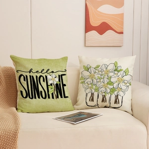 Set of two spring floral linen pillow covers featuring hello SUNSHINE and flower prints