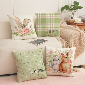 Easter Rabbit Floral Linen Decorative Pillowcase Sage Green Plaid Cushion Cover For Sofa Home Couch Decor Spring Holiday Gift