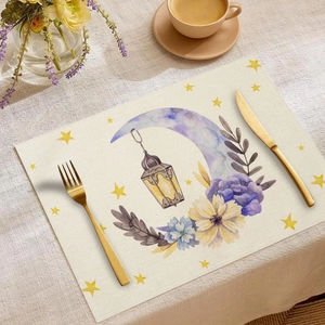 Detail of linen placemat featuring watercolor moon, oil lamp, and floral printing design