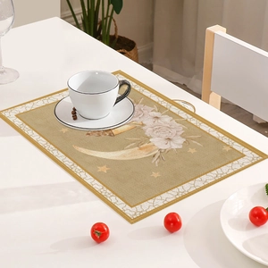 Linen placemat with moon, white roses and gold stars print for Middle East decor