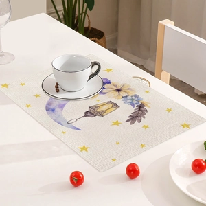 Linen placemat with watercolor moon and lantern prints for heat-resistant dining decor