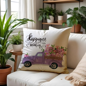 Floral spring truck decorative pillowcase with Happiness blooms from within quote on sofa