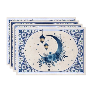 Set of 4 linen Eid placemats with blue moon and lantern prints for kitchen dining decor