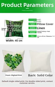 Close-up of linen St. Patrick's Day cushion cover with clover print and green ribbon