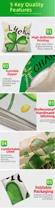 Detail view of St. Patrick's Day linen pillowcase with green clover and hidden zipper
