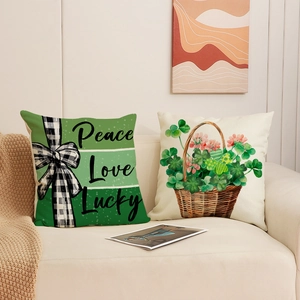 Saint Patrick's Day cushion covers with green clover and lucky patterns on linen sofa