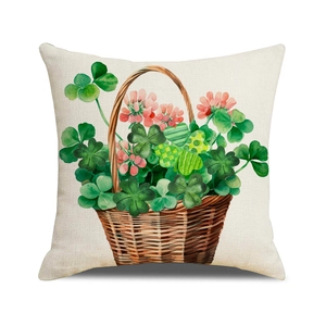 Linen Saint Patrick's Day pillow cover with watercolor basket of clovers and pink flowers