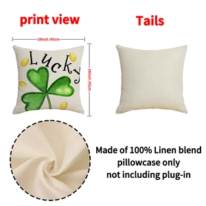 Linen blend square pillowcase with green shamrock and Lucky print, 18x18 inch size