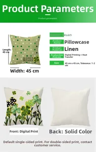 Detail of 45x45cm linen pillowcase with green shamrock pattern and Blessed text design