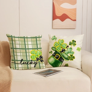 St. Patrick's Day green plaid and clover pattern linen pillow covers on a beige sofa