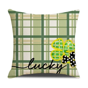 St. Patrick's Day green plaid pillow cover with lucky shamrock patterns and linen texture