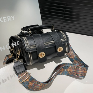Retro black square Boston handbag with double gold locks and bohemian jacquard strap