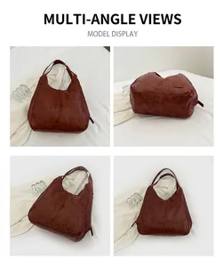 Detailed views of vintage brown faux leather tote bag with embossed logo and sturdy handles