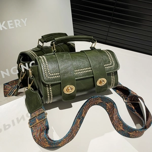 Retro PU Leather Barrel Bag For Women Rivet Decor Double Turn Lock Crossbody Bag With Bohemian Printed Wide Strap Handbag