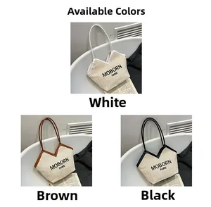 Tres variantes de bolsos tote de paja tejida con logo MOBORN PARIS y asas de contraste