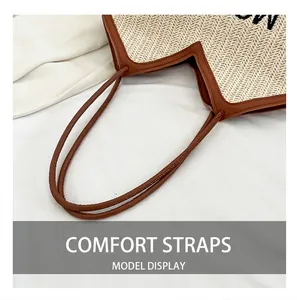 Detalle de la correa de hombro de cuero marrón unida al bolso tote de paja beige con letras