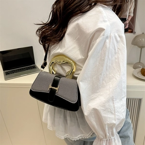 Textured grey woven and black leather shoulder bag with gold metallic handle and H buckle