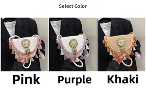 Three handmade woven crossbody bags in pink, purple, and khaki with colorful tassels