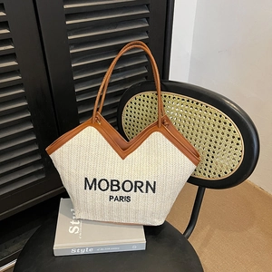 Sac Fourre-tout Tissé Minimaliste Urbain pour Femmes Sac à Épaule en Paille de Grande Capacité Avec Imprimé Lettres MOBORN PARIS Sac à Main Décontracté