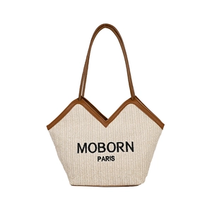 Bolso tote de paja tejida con ribete de cuero marrón y bordado para mujer