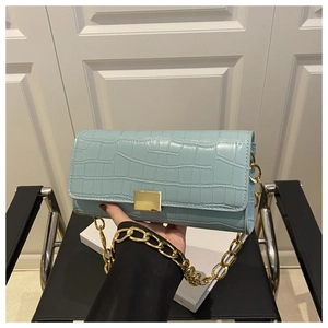 Detail of light blue baguette bag showing crocodile texture and gold chain strap