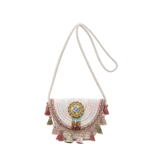 Bohemian woven crossbody saddle bag with colorful tassels and bead embroidery