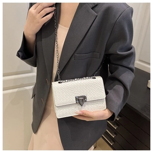 Close-up of white woven shoulder bag with silver triangular clasp and chain strap on model