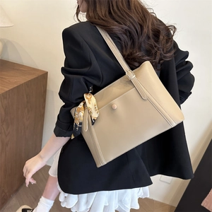 Chic beige large capacity leather tote bag for women with decorative printed silk scarf