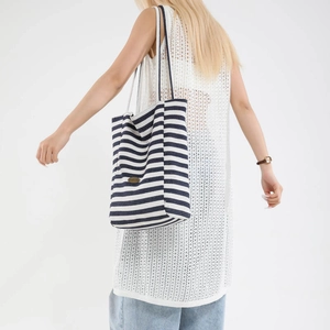 Classic blue and white striped canvas tote bag with long handles for daily shopping