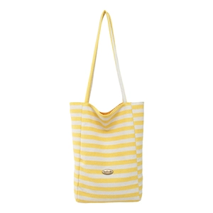 Striped canvas tote bag with yellow and white horizontal patterns and dual top handles