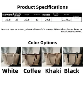 Size chart for casual tote bag showing dimensions for width height and handle drop length