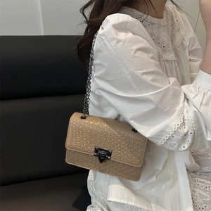 Borsa quadrata intrecciata beige con tracolla a catena metallica da donna alla moda