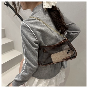 Detailed view of clear PVC shoulder bag with brown leather trim and gold chain strap