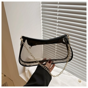 Detail of transparent PVC baguette bag featuring black faux leather trim and gold chain strap