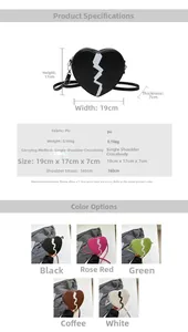 Detailed size specifications for the heart-shaped PU leather crossbody bag in five colors
