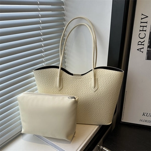 Women Urban Minimalist Two-Piece Tote Bag Set Woven Texture Large Capacity Shoulder Bag Solid Color Fashion Handbag For Commuting