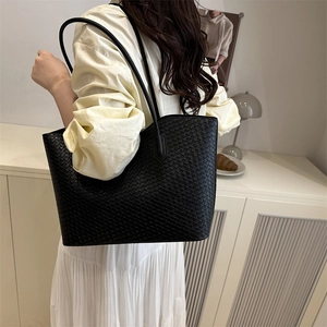 Large black woven leather tote bag for women, elegant 2025 spring commuter shoulder bag