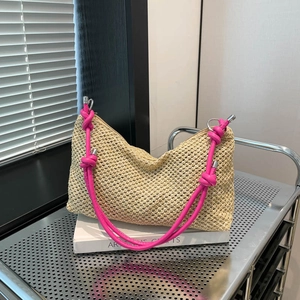 Women's Retro Handwoven Straw Shoulder Bag PU Leather Knot Strap Large Capacity Beach Tote Summer Casual Hobo Bag