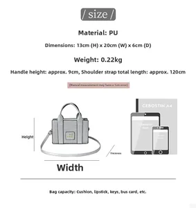 Size guide for gray PU square crossbody bag showing dimensions and capacity comparisons