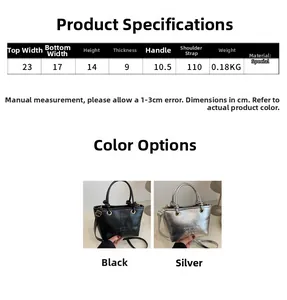 Size chart showing dimensions and weight for the large capacity bucket bag in black and silver