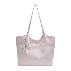 Pink PU leather tote bag with elegant lace pearl bow charm for casual commuting