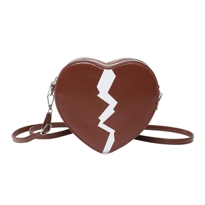 Dark brown heart-shaped crossbody bag with white crackle pattern and silver metal hooks