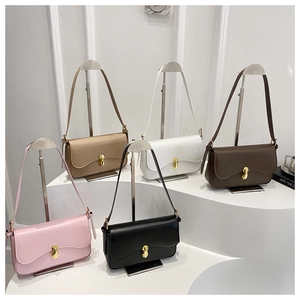 Detailed group display of chic leather baguette bags in five colors with gold buckles