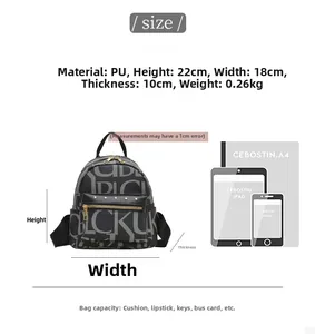Detailed dimension guide for black PU mini backpack with trendy letter print and size specs