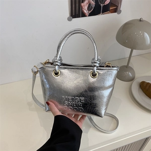 Women Fashion Metallic Crinkled Bucket Bag Versatile Silver Black Crossbody Bag Handheld Shoulder Bag Casual Daily Tote