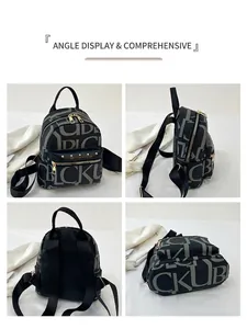 Detailed multi-angle views of black faux leather backpack with bold letter printing