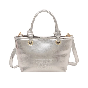 Borsa tote argento metallizzato con manici annodati e logo in rilievo da donna