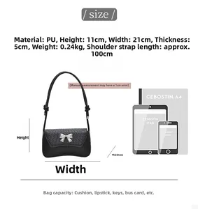 Size chart for black PU leather bag with silver bow detail and dimension reference guide