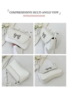 Detail views of a white textured crossbody bag with silver metal bow and knotted strap
